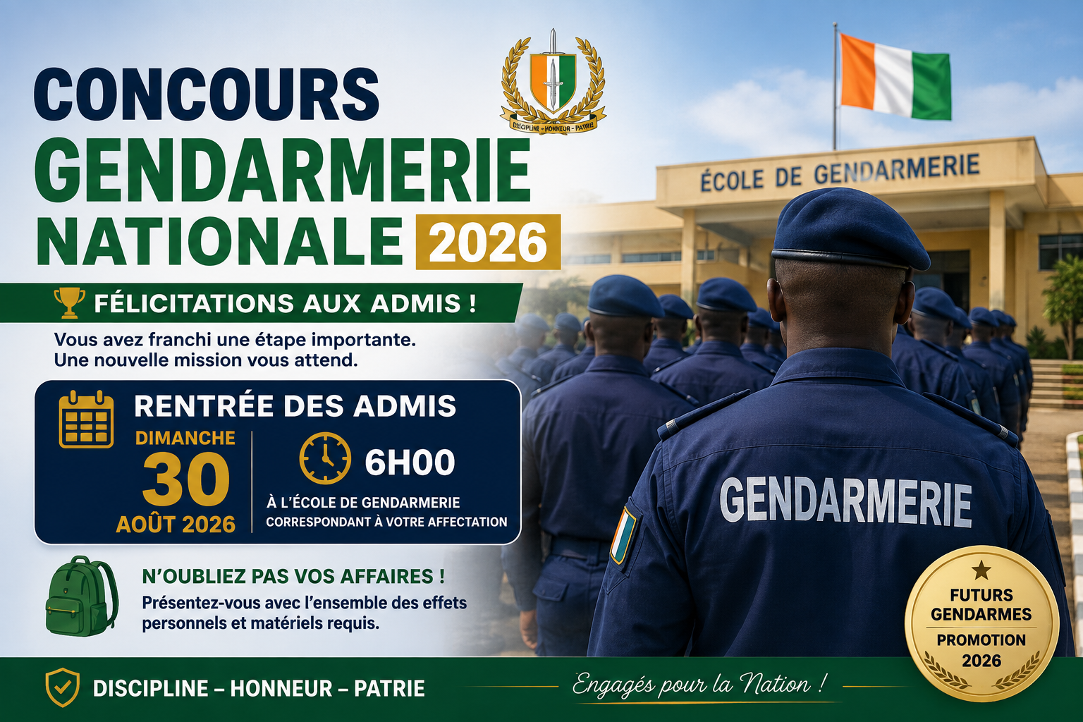 Concours Gendarmerie 2026 : date et heure de la rentrée des admis