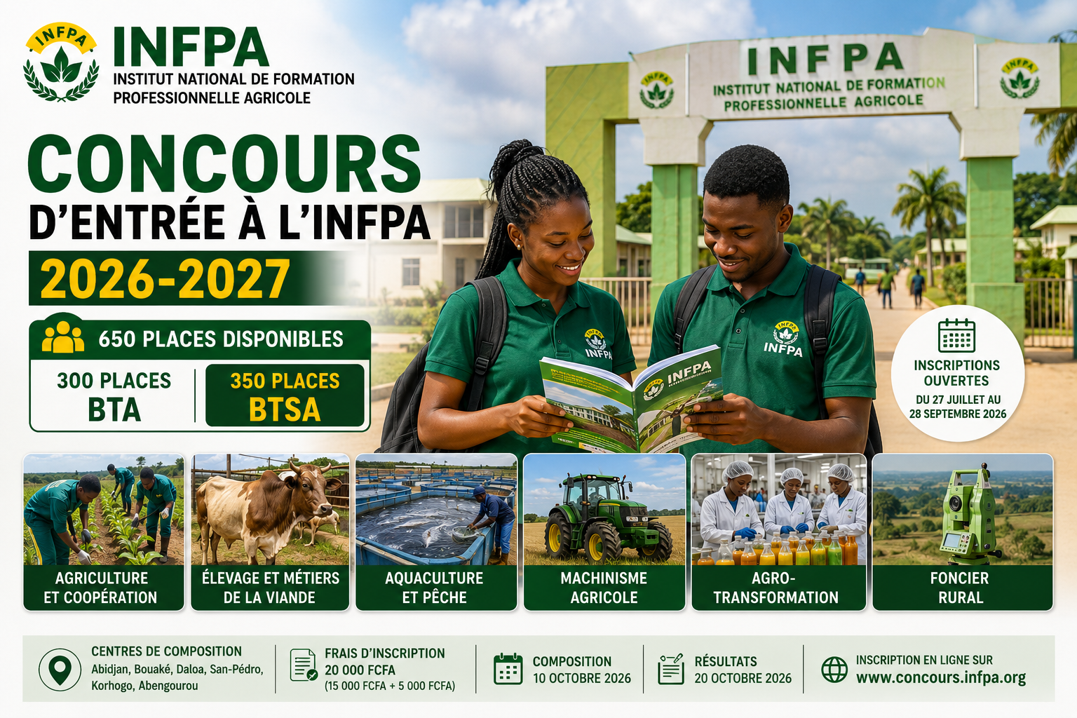 Concours INFPA 2026-2027 : 6 filières ouvertes, 650 places et inscriptions jusqu’au 28 septembre