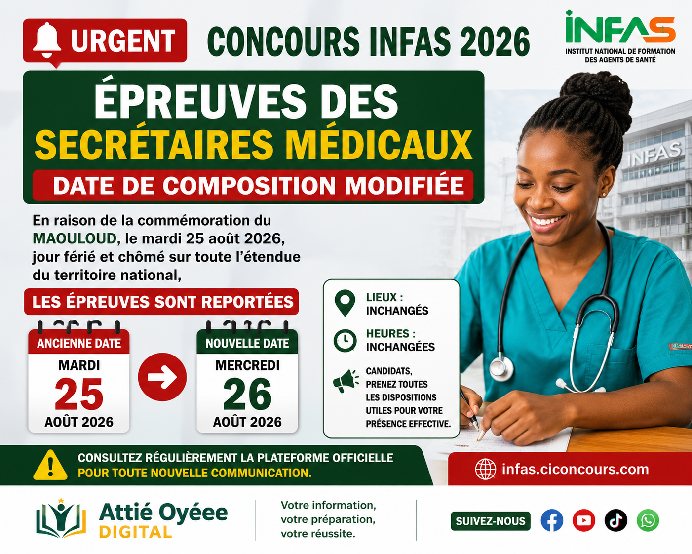 # Concours INFAS 2026 : les épreuves des Secrétaires Médicaux reportées au 26 août