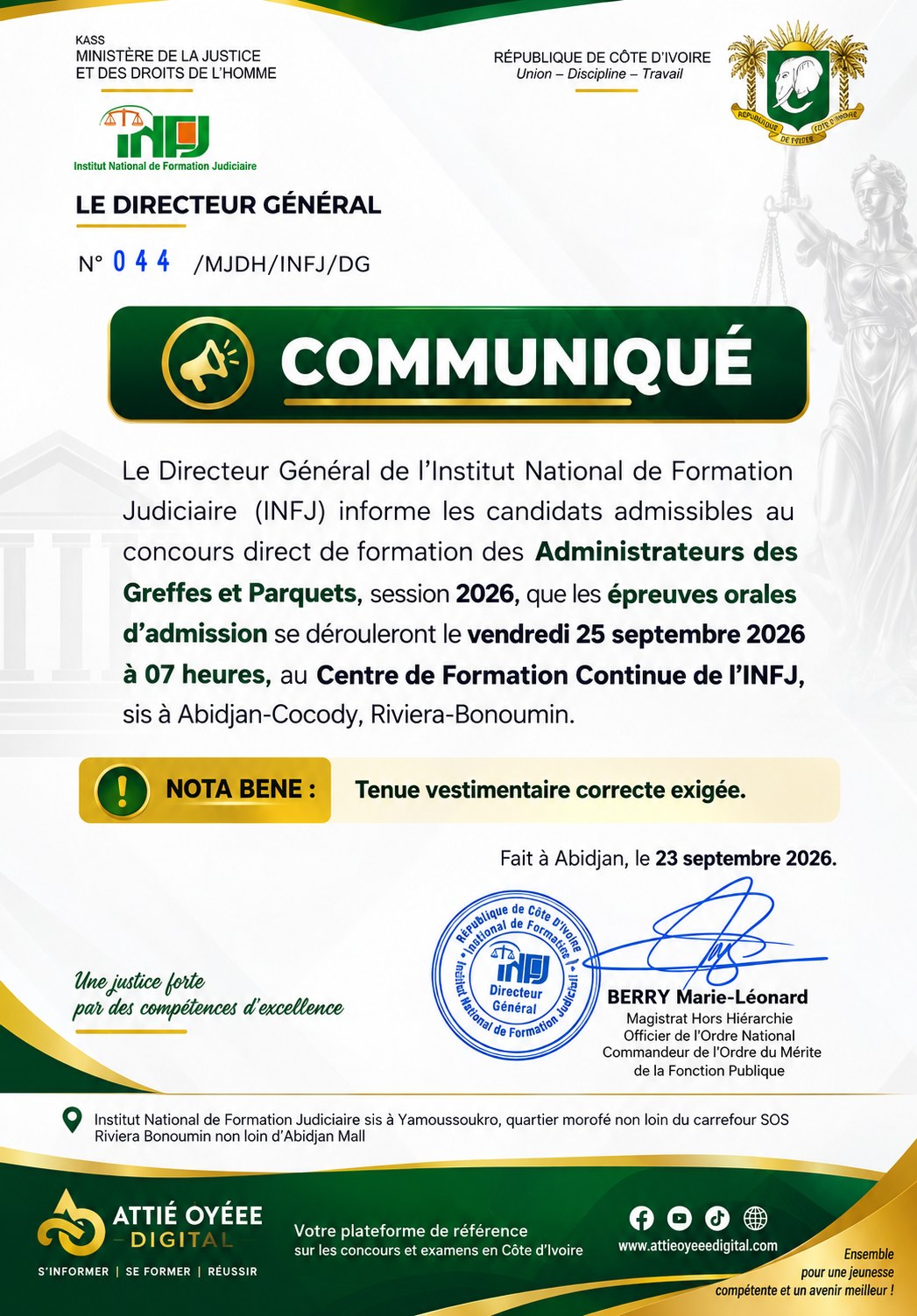 INFJ 2026 : les épreuves orales d’admission des Administrateurs des Greffes et Parquets prévues le 25 septembre