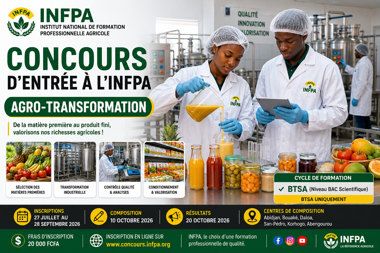 Concours d’entrée à l’INFPA - Agro-transformation