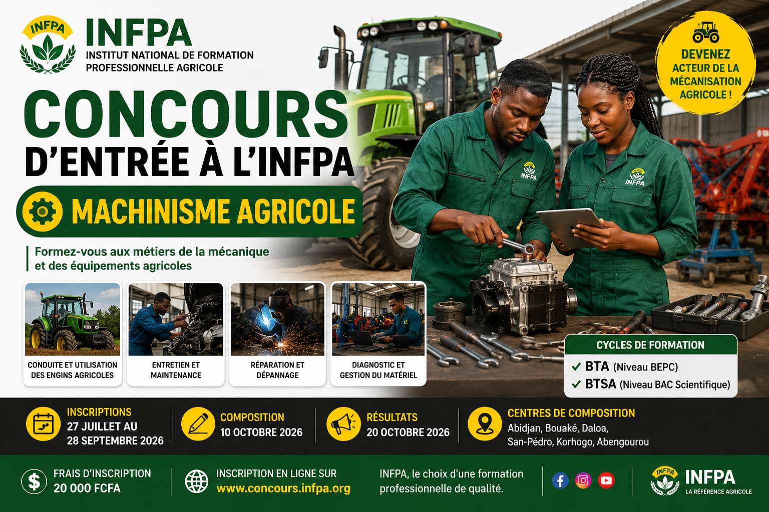 Concours d’entrée à l’INFPA – Machinisme Agricole