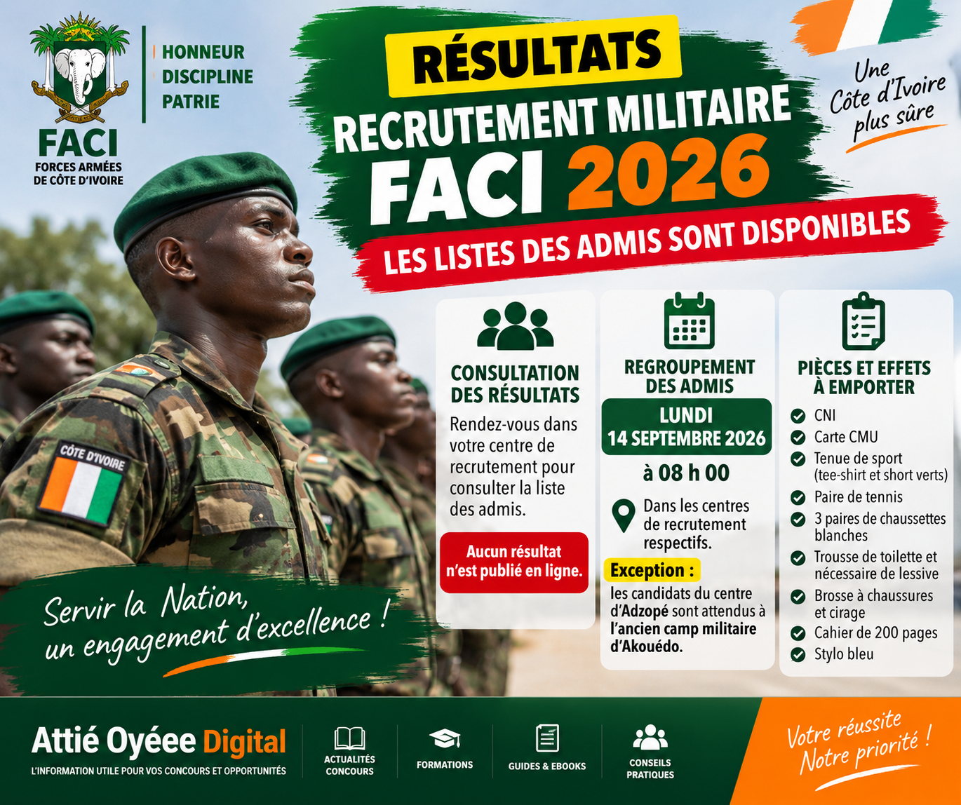 Résultats du recrutement militaire FACI 2026 : les candidats admis peuvent consulter les listes