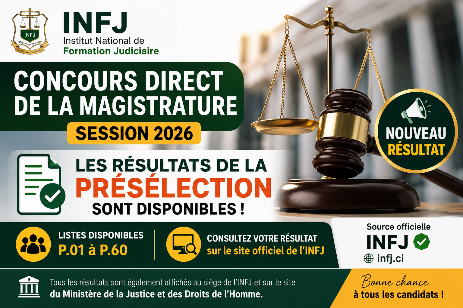 INFJ 2026 : les résultats de la présélection du concours de la Magistrature sont disponibles