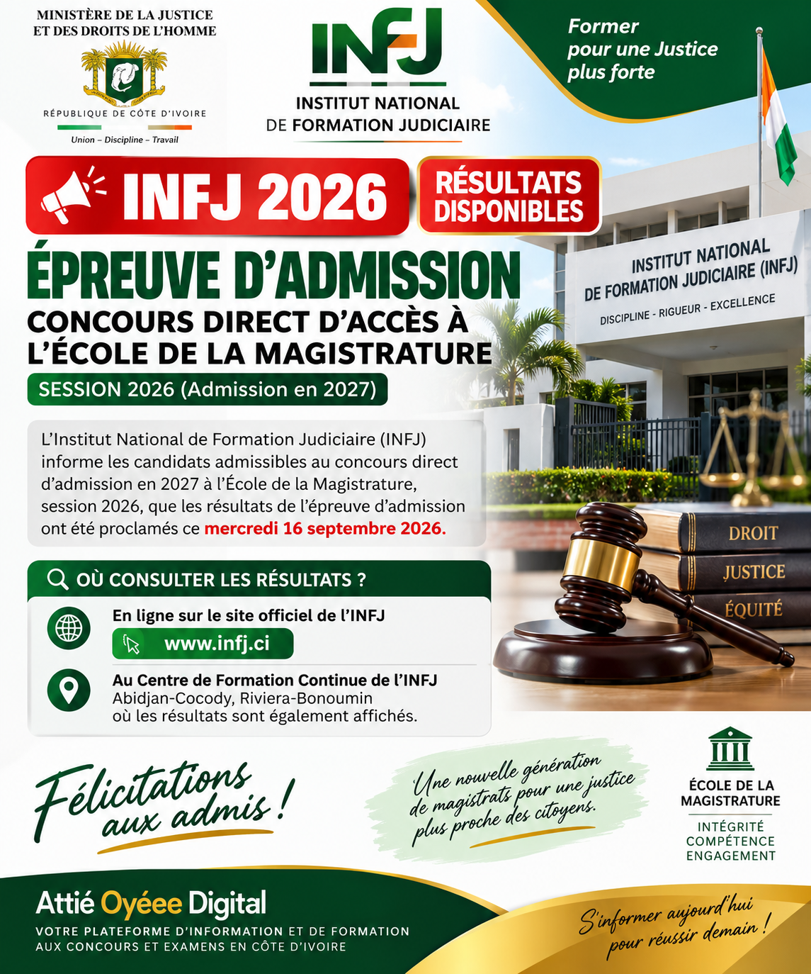 INFJ 2026 : Résultats de l’épreuve d’admission au concours de la Magistrature disponibles